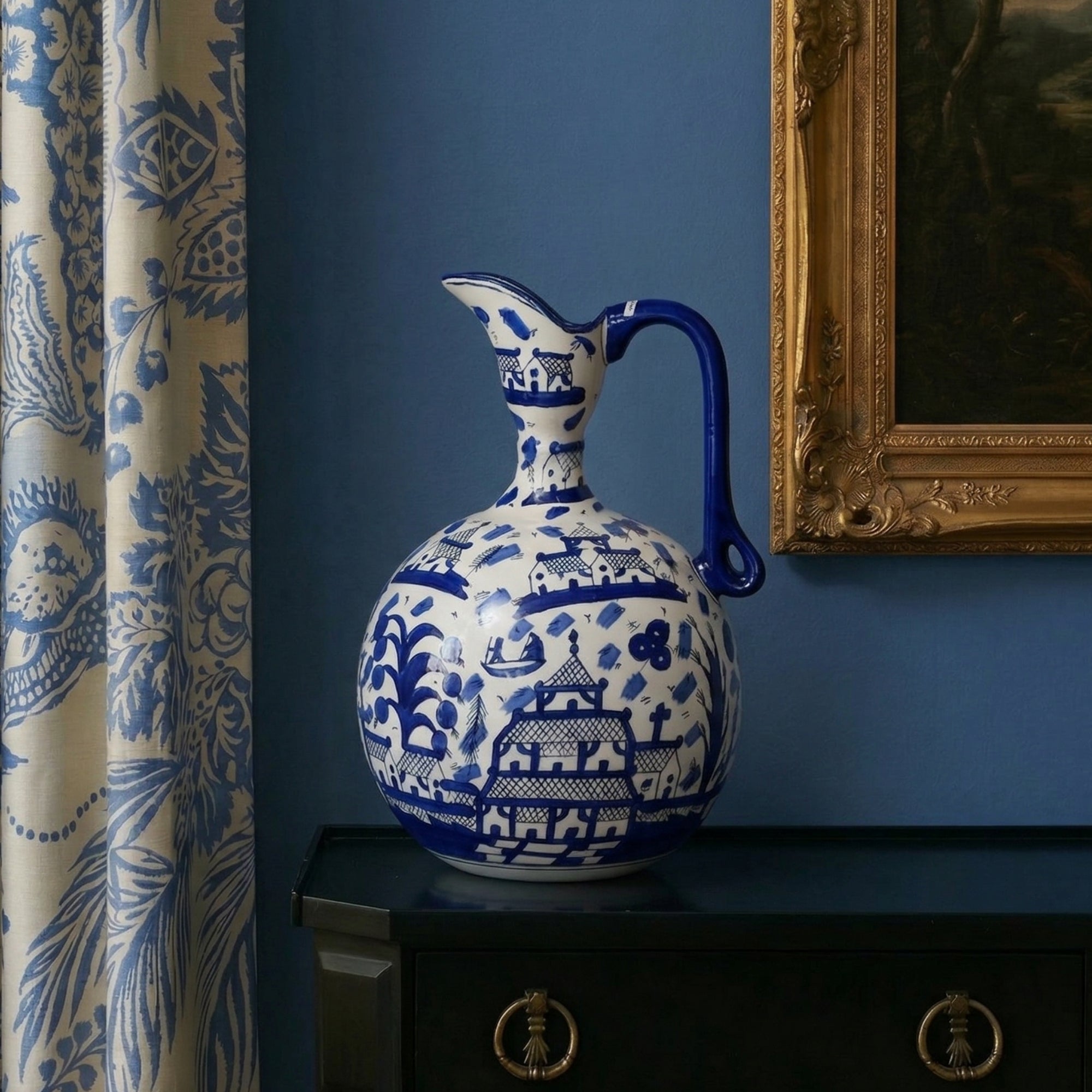 chinese ceramic round short neck decorative pitcher elegant home decor accent showpiece with traditional artistic printed design